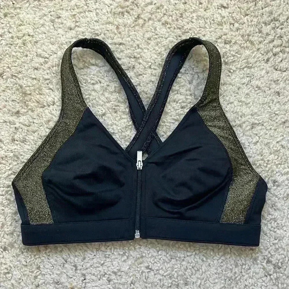 Victorias Secret Sports Bra Sz S Criss cross Back Front zip Metallic‎ Gold - Picture 1 of 6